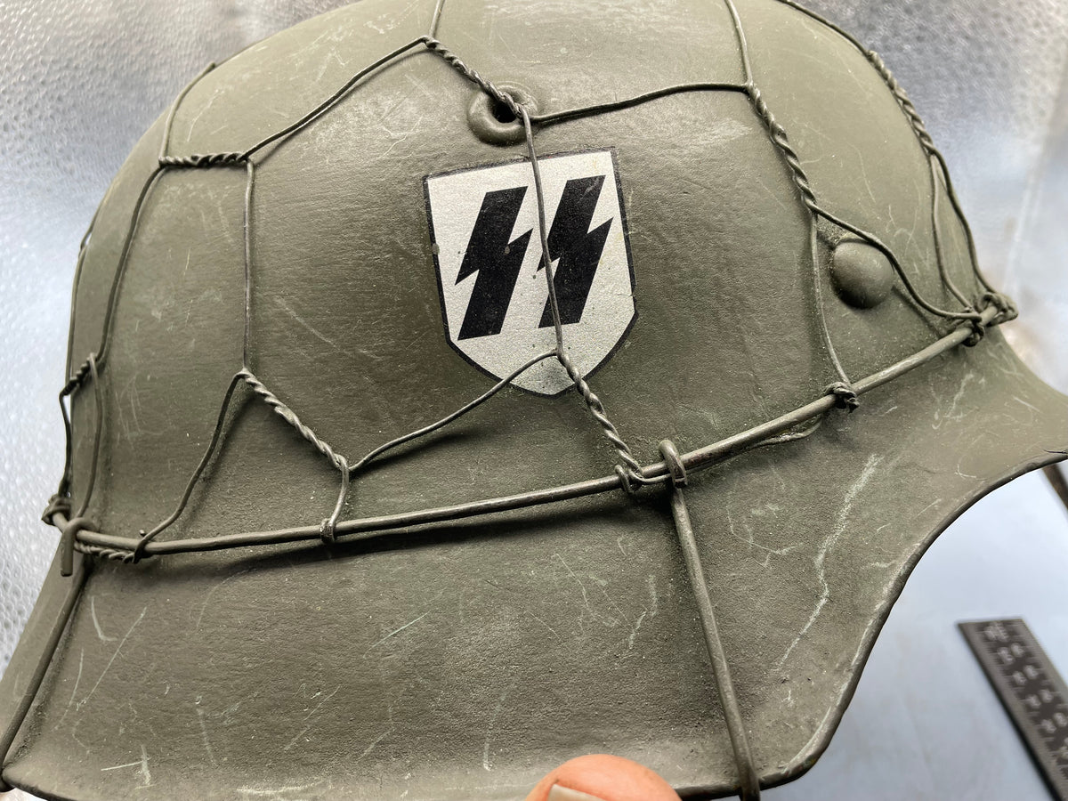 Reproduction WW2 German Double Decal SS Helmet with Chicken Wire - Size 68cm - The Militaria Shop