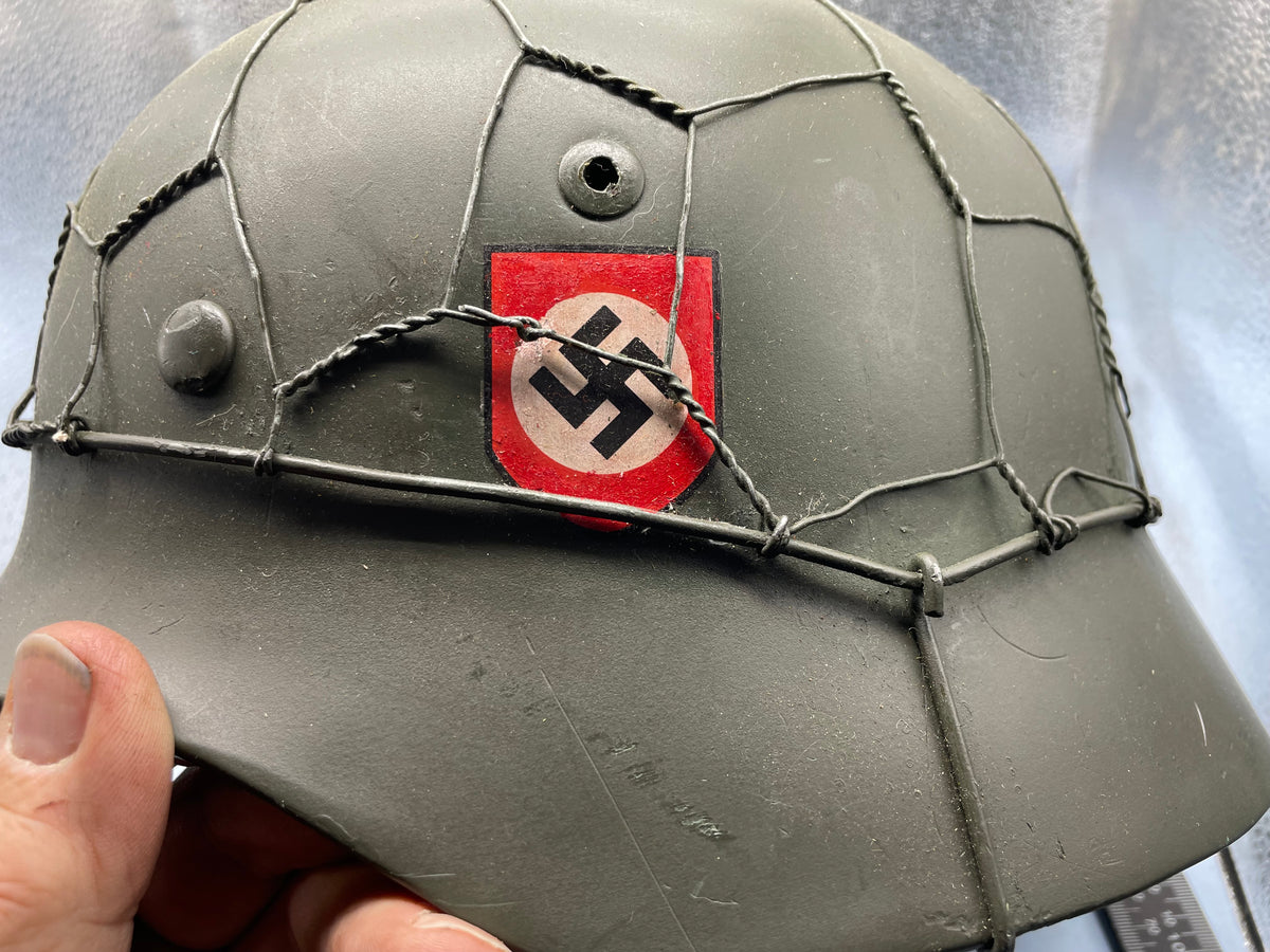 Reproduction WW2 German Double Decal SS Helmet with Chicken Wire - The Militaria Shop