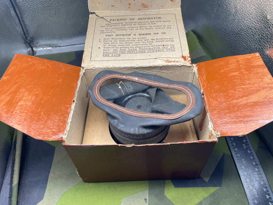 Original WW2 British Home Front Civilian Gas Mask in Cardboard Box - for parts