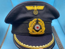 Load image into Gallery viewer, A good reproduction Kriegsmarine Officer&#39;s / U-boat Captains Cap. Approx size 58cm.
