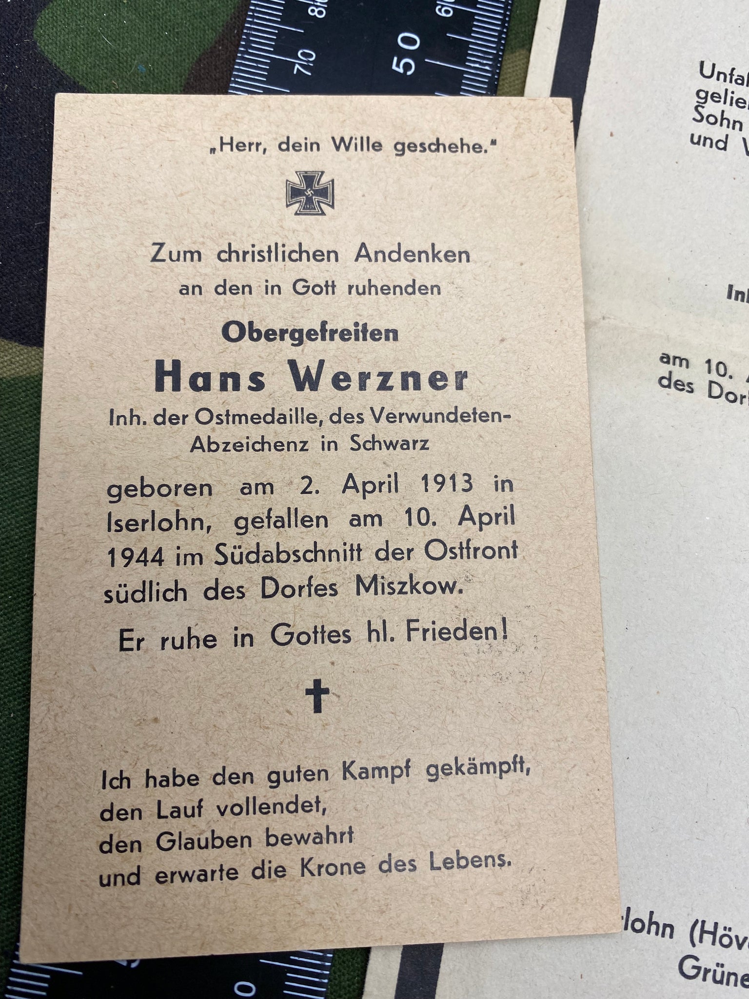 WW2 German Army Ostfront 1944 Obergefriter Hans WERNER Death Card & En