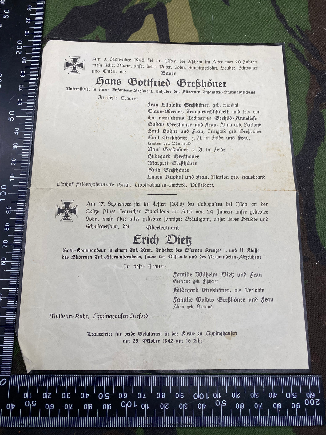 Copy of WW2 German Army Death Notice / Card for Two Soldiers - Family Members