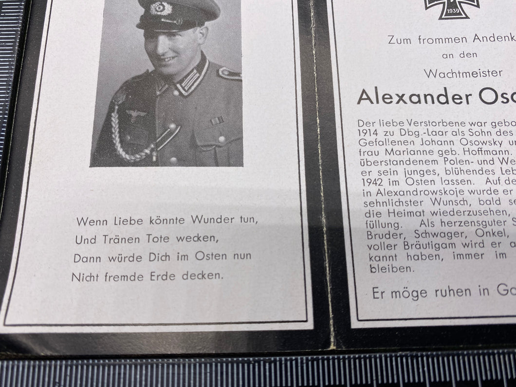 WW2 German Army Folding Death Notice / Card for Alexander Osowsky 1942