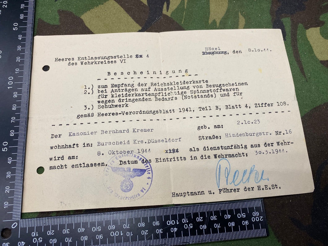 WW2 German Army Signed Paperwork with good stamp - 1941.