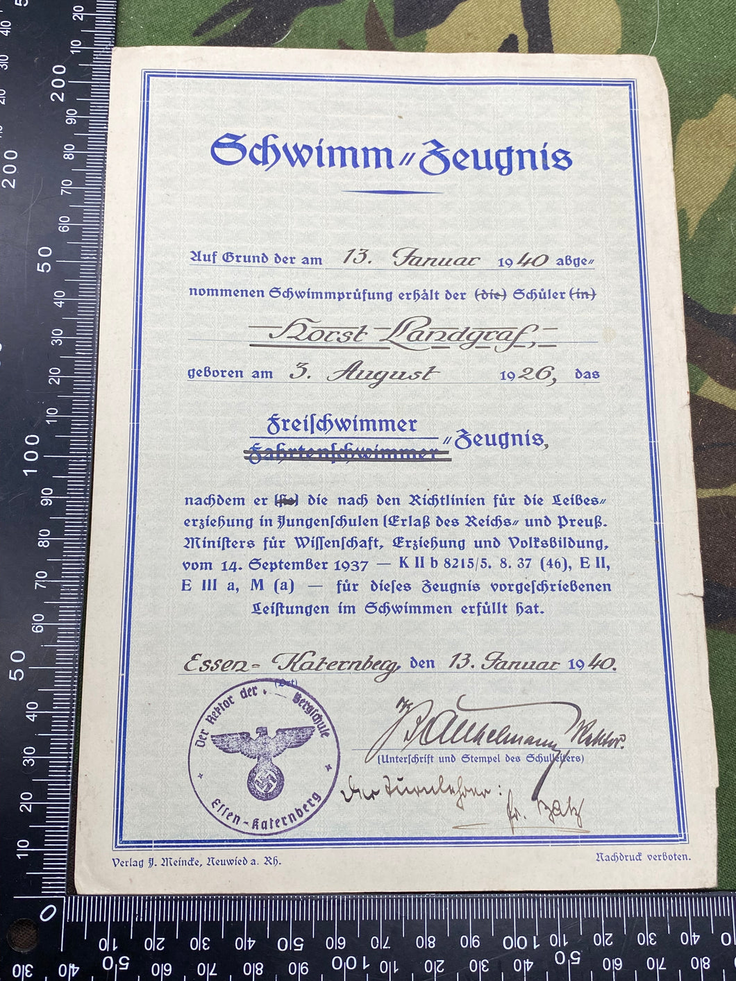 WW2 German Army Signed Swimming Paperwork with signature and good stamp - 1940.