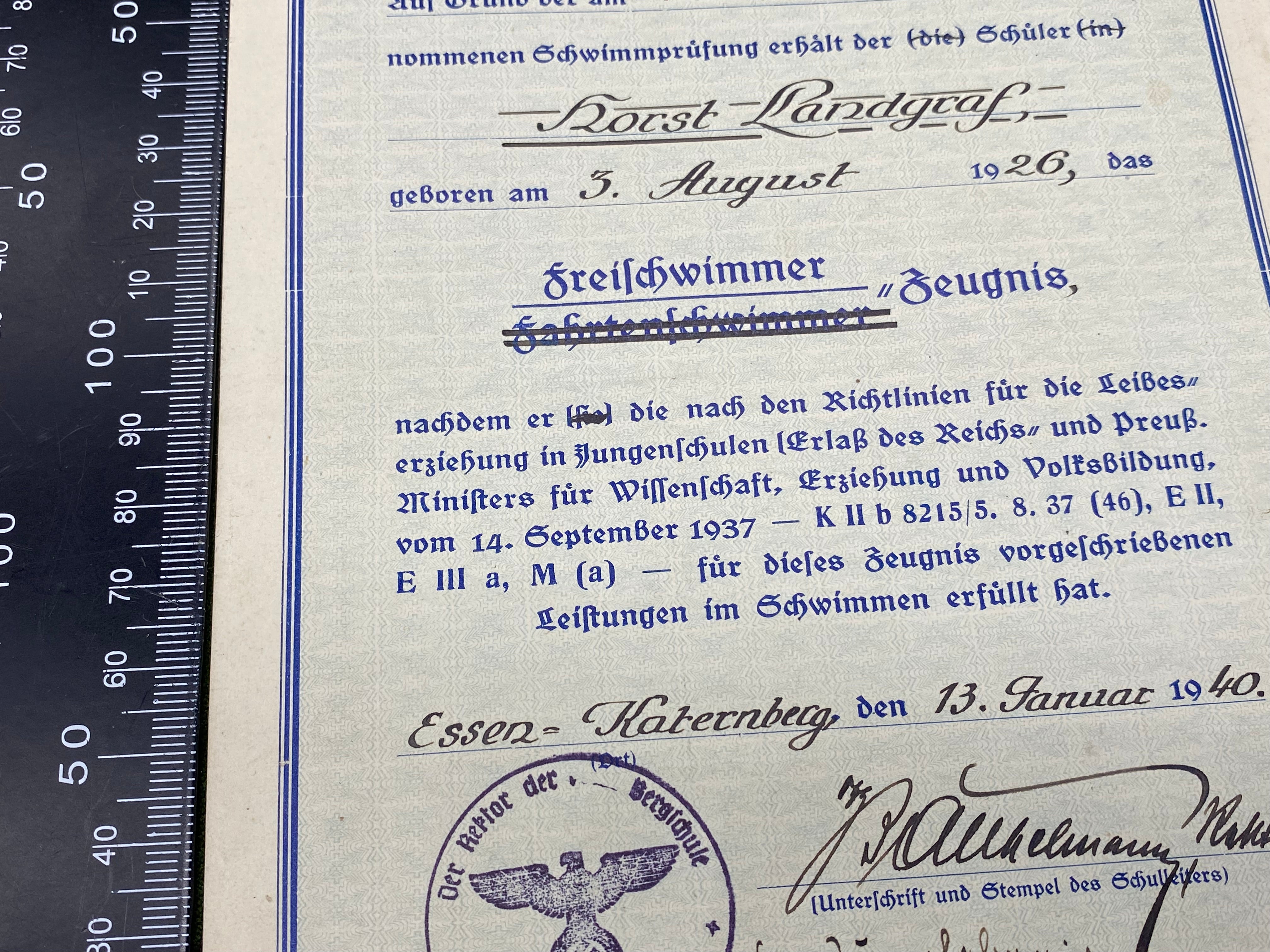 WW2 German Army Signed Swimming Paperwork with signature and good stamp - 1940. - The Militaria Shop
