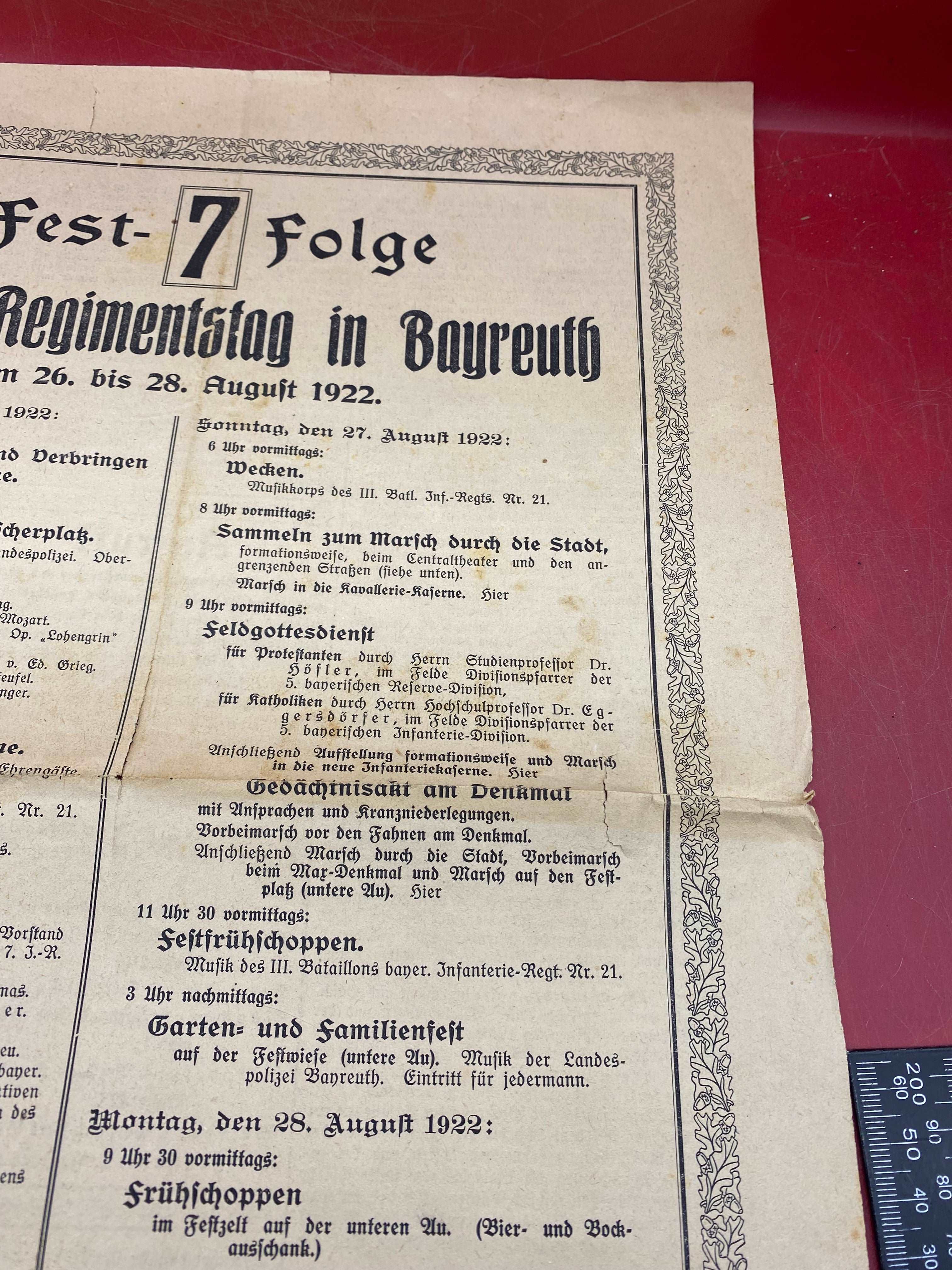 1922 Dated German Army Regimental Festival in Bayreuth - Leaflet / Poster. - The Militaria Shop