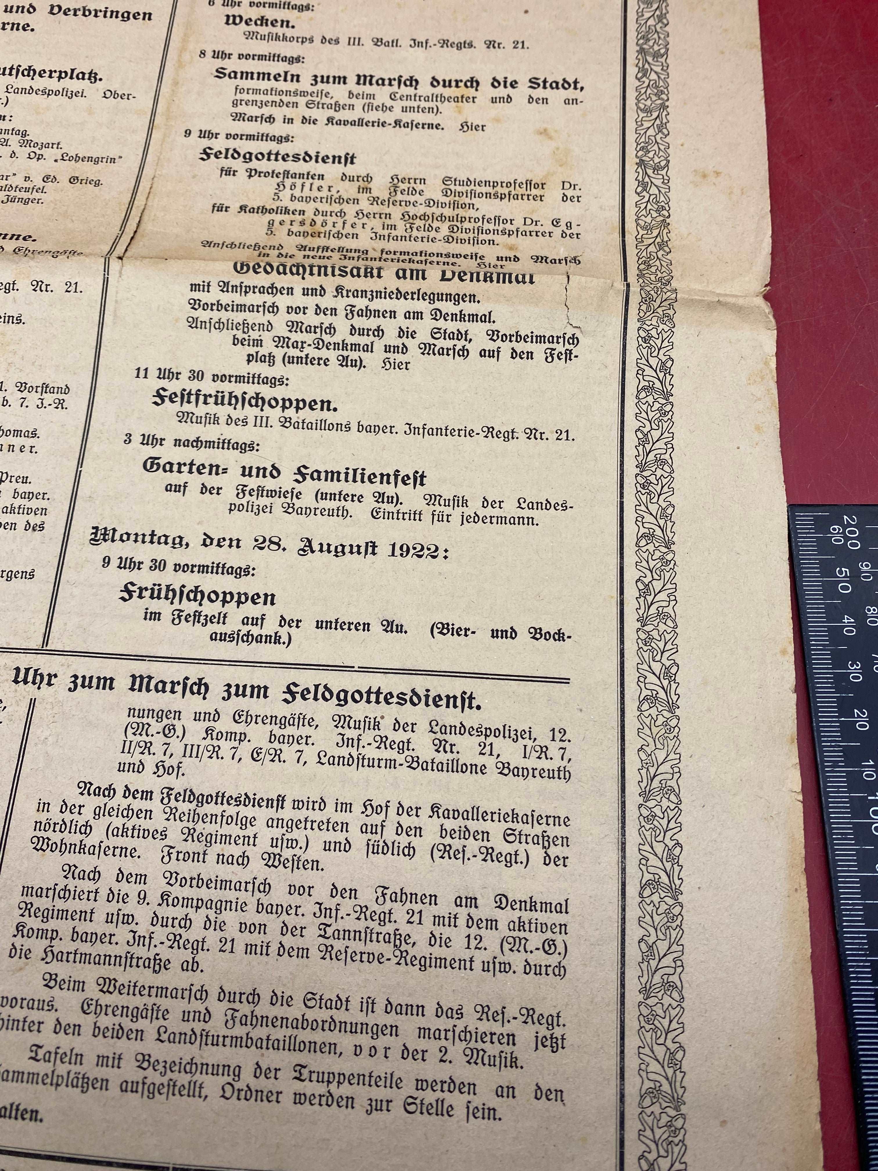 1922 Dated German Army Regimental Festival in Bayreuth - Leaflet / Poster. - The Militaria Shop