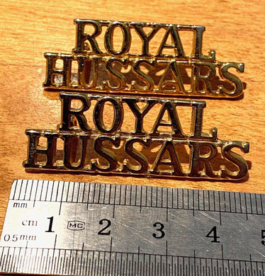 A pair of British Army ROYAL HUSSARS Anodised (Staybrite) shoulder titles  - B39 - The Militaria Shop