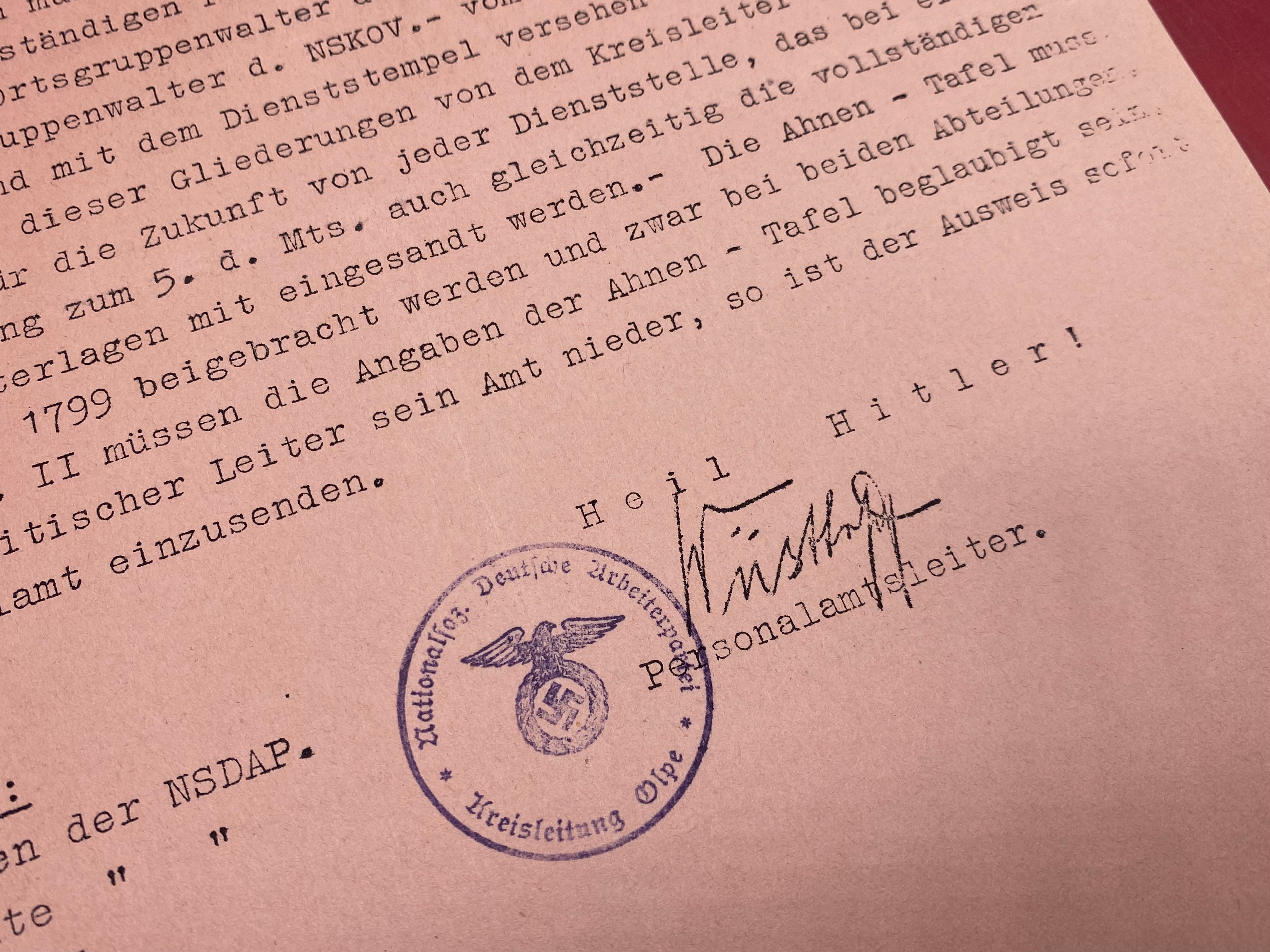 A WW2 German 1935 Dated NSDAP Document. With Stamps etc - The Militaria Shop