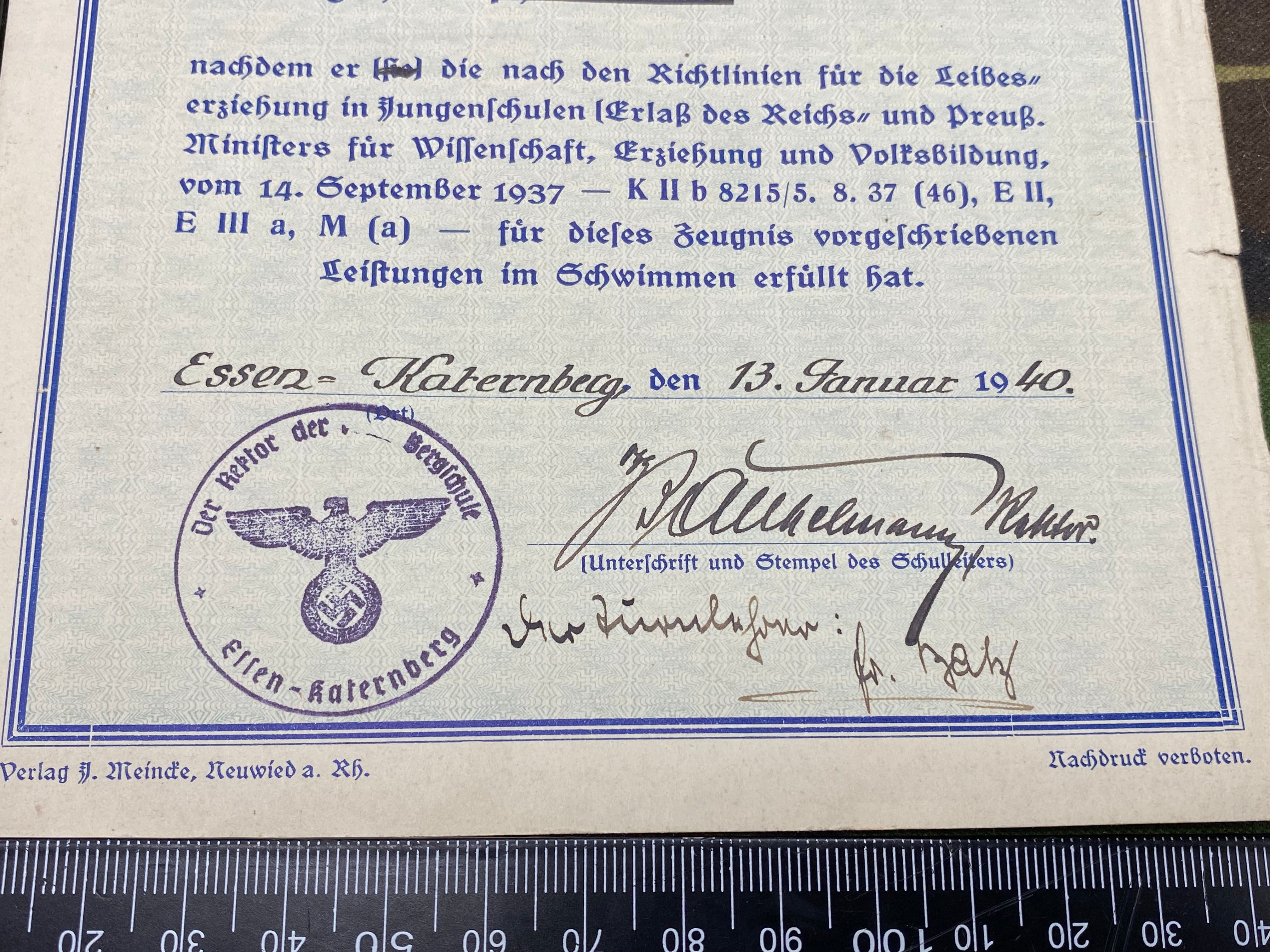 WW2 German Army Signed Swimming Paperwork with signature and good stamp - 1940. - The Militaria Shop
