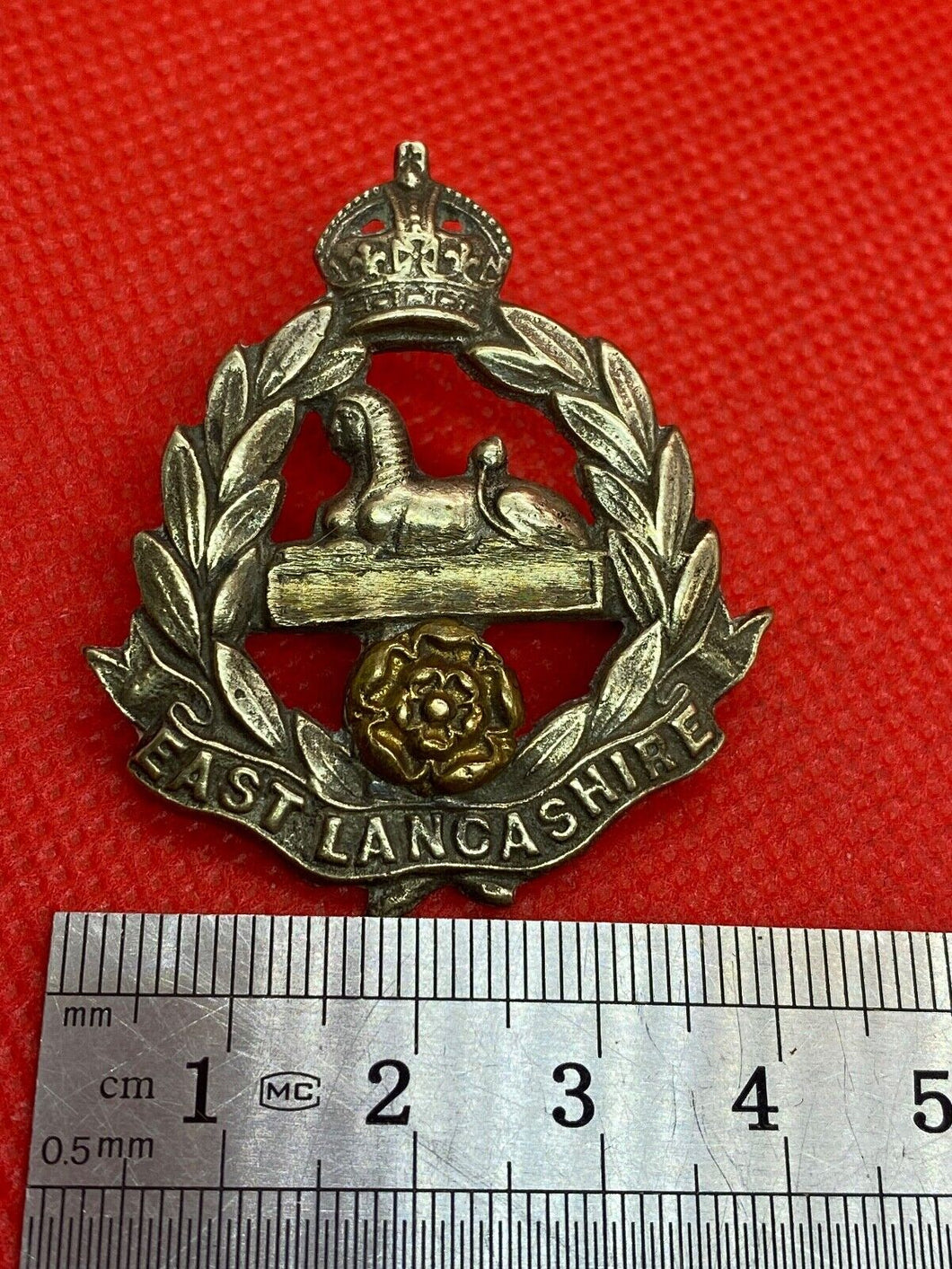 British Army Original EAST LANCASHIRE Regiment Theatre Made Cast Badge - VOIDED