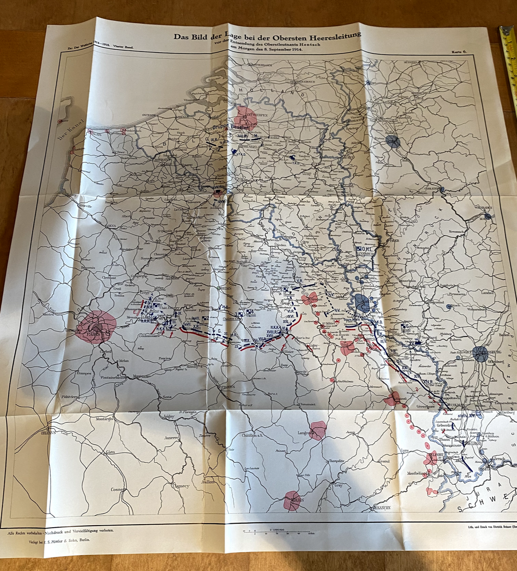 WW1 - September 1914 Obersten Heeresleitung German Army Positions Study Map.