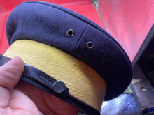 Load image into Gallery viewer, Post WW2 Royal Navy - Navy Blue / Yellow Striped Peaked Cap with Chinstrap.
