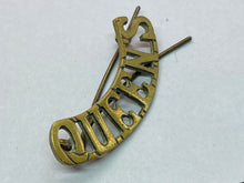 Load image into Gallery viewer, Original British Army WW1 QUEEN&#39;S Regiment Brass Shoulder Title
