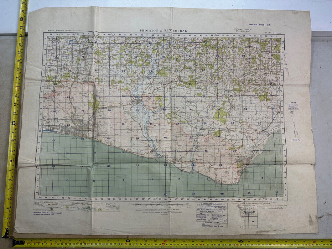 Original WW2 British Army OS Map of England - War Office - Brighton & Eastbourne