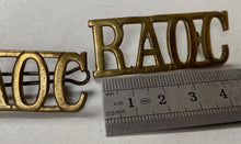 Load image into Gallery viewer, British Army WW1 RAOC Royal Army Ordnance Corps brass shoulder titles.
