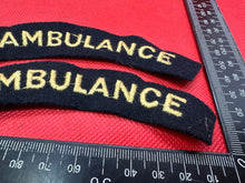 Load image into Gallery viewer, Original WW2 British Home Front Civil Defence Ambulance Shoulder Title Pair
