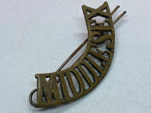 Load image into Gallery viewer, Original British Army WW1 MIDDLESEX Regiment Brass Shoulder Title
