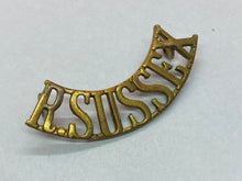Load image into Gallery viewer, Original British Army WW1 ROYAL SUSSEX Regiment Brass Shoulder Title
