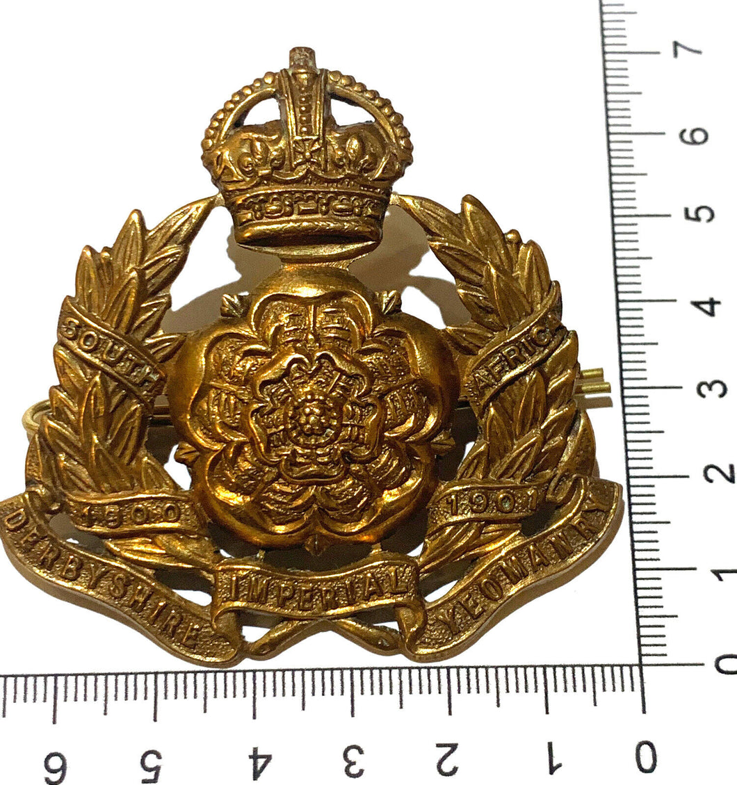 RARE WW1 British Army DERBYSHIRE IMPERIAL YEOMANRY brass Cap Badge, 100% genuine
