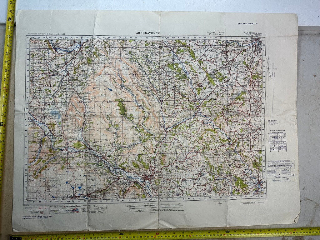 Original WW2 British Army OS Map of England - War Office - Abergavenny