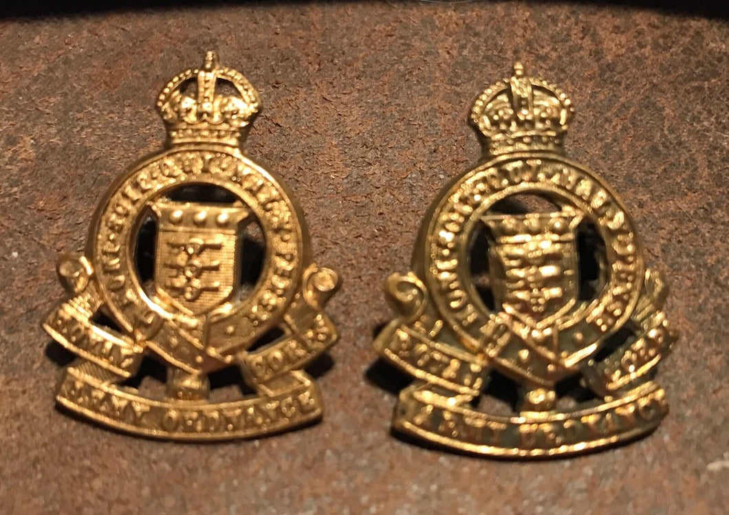 Two British Army Royal Army Ordnance Corps collar badges -rear fixing loops - B2