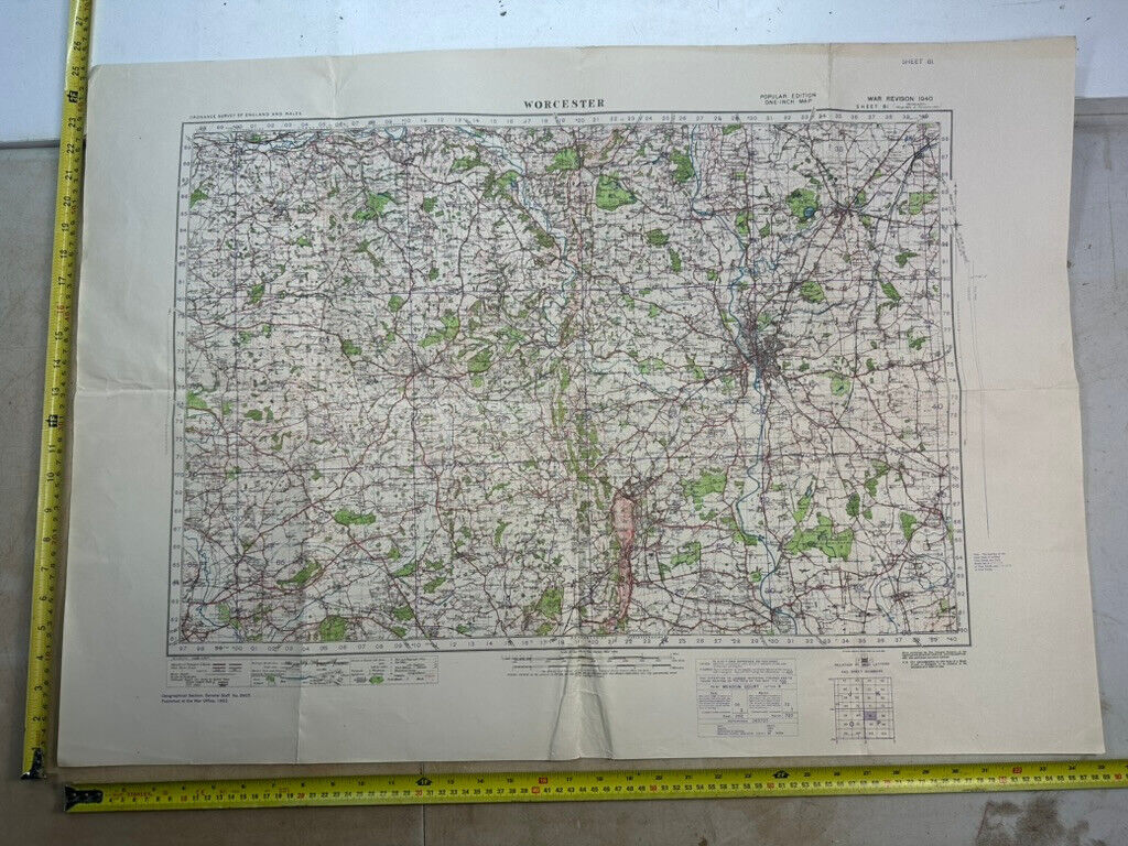 Original WW2 British Army OS Map of England - War Office - Worcester