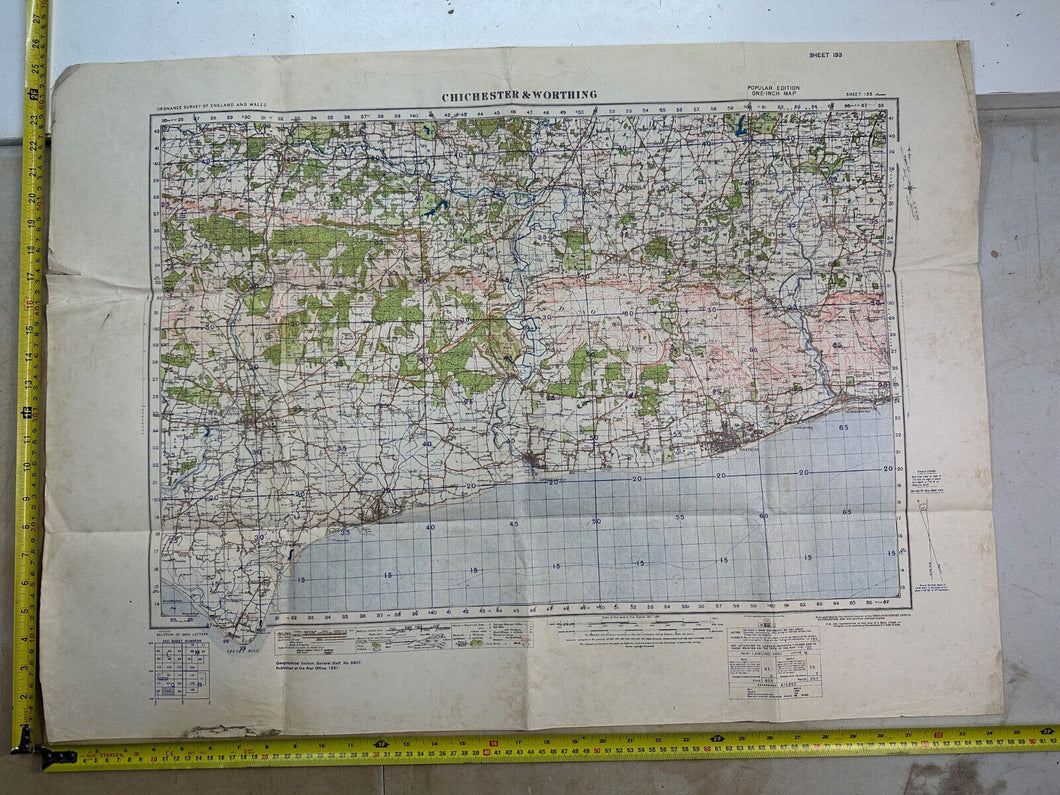 Original WW2 British Army OS Map of England - War Office - Chichester & Worthing