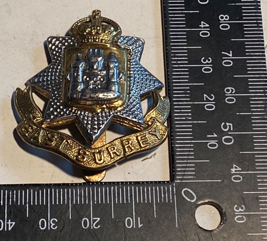 WW1 / WW2 British Army East Surrey Regiment White Metal and Brass Cap Badge.