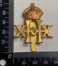 Load image into Gallery viewer, WW1 / WW2 British Army - 20th Hussars gilt brass cap badge.
