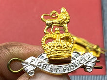 Load image into Gallery viewer, Pair of Queen&#39;s Crown Gilt and White Metal British Army Pay Corps Collar Badges.
