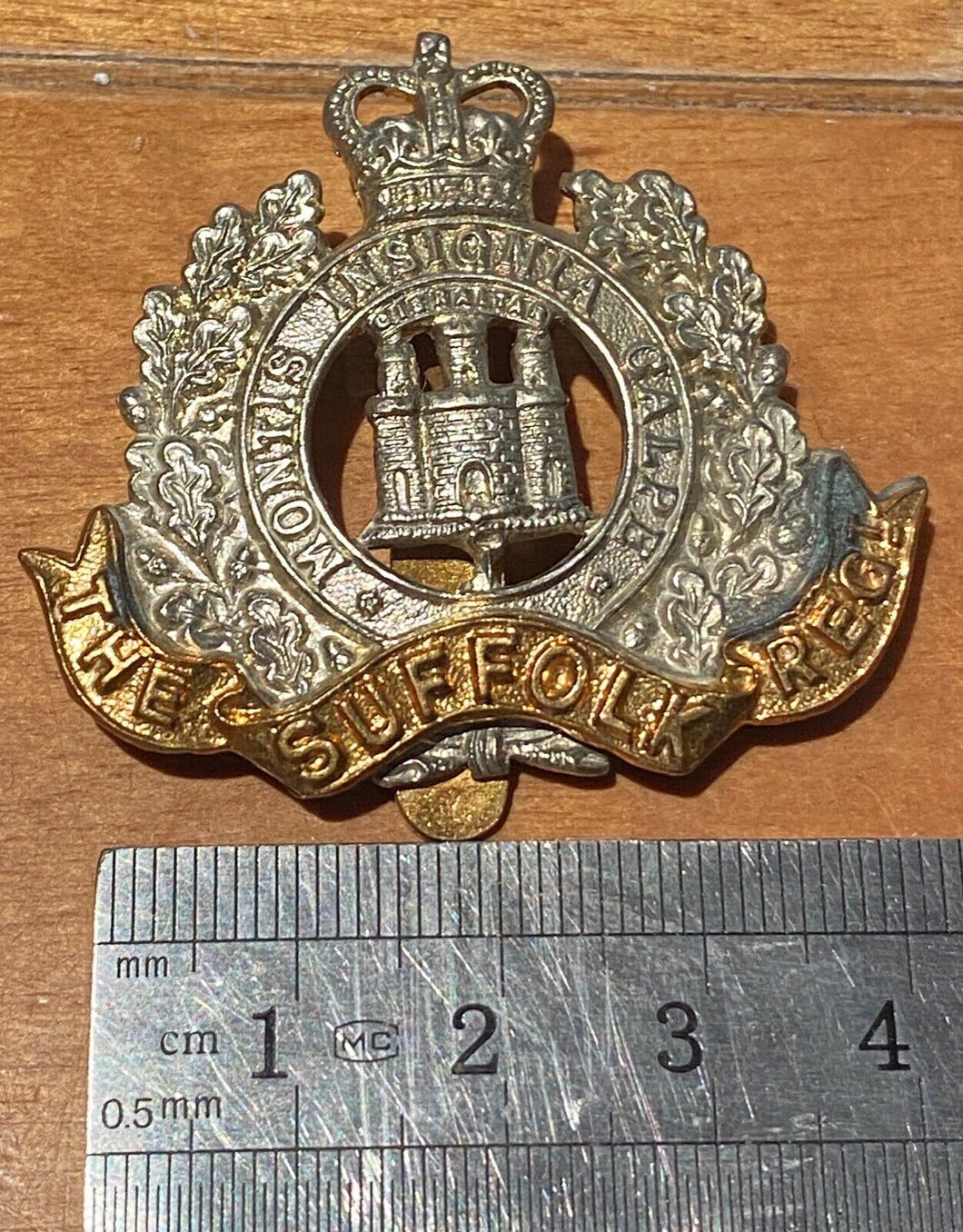 British Army Queen's Crown THE SUFFOLK REGIMENT bi-metal cap badge with slider