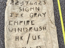 Load image into Gallery viewer, Original EMPIRE WINDRUSH Named British Soldier&#39;s Kit Bag. Well Marked and RARE.
