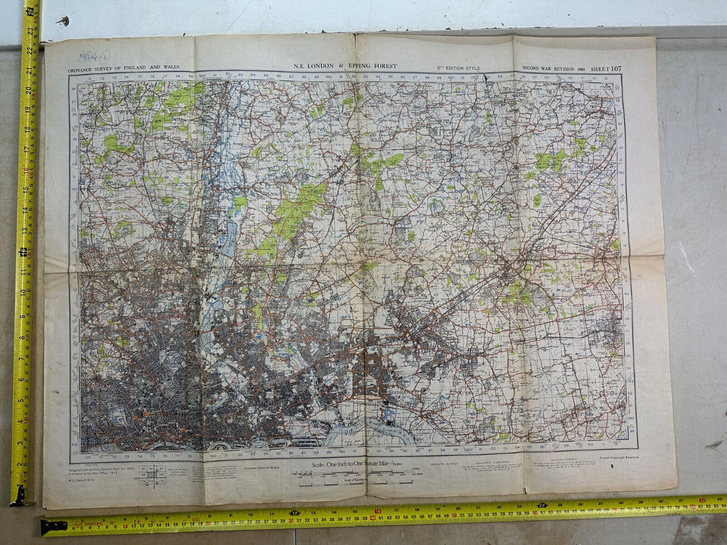 Original WW2 British Army OS Map of England - War Office - N.E London & Epping