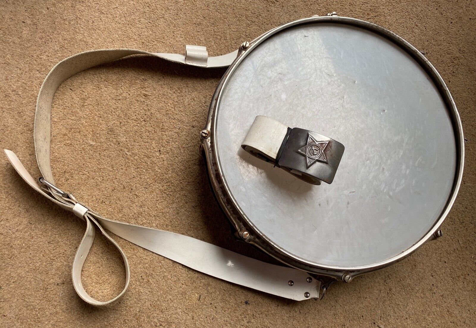 Cold War ERA Soviet Union Army marching drum with matching belt and buckle - The Militaria Shop