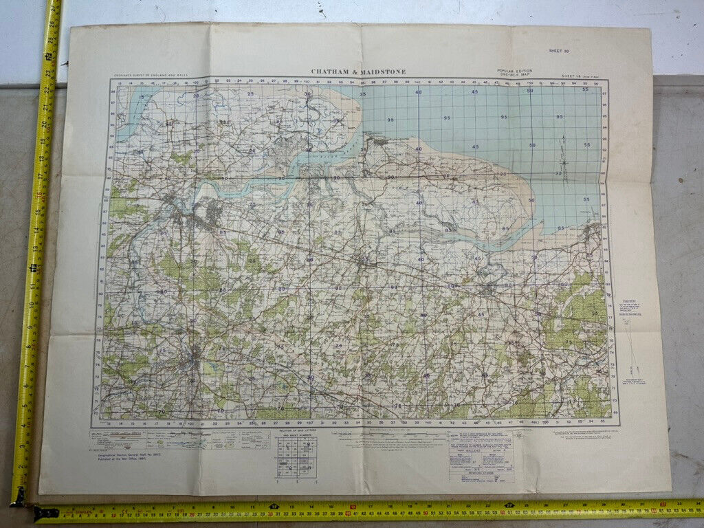 Original WW2 British Army OS Map of England - War Office - Chatham & Maidstone