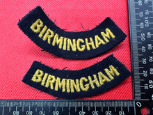 Load image into Gallery viewer, Original WW2 British Home Front Civil Defence Birmingham Shoulder Title Pair
