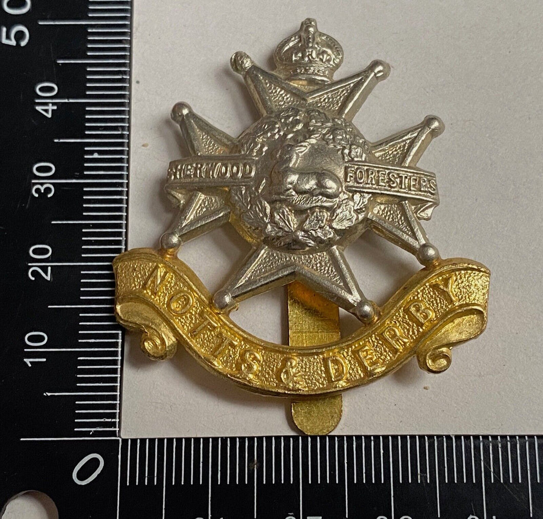 WW1 / WW2 British Army - Notts & Derby white metal and brass cap badge.