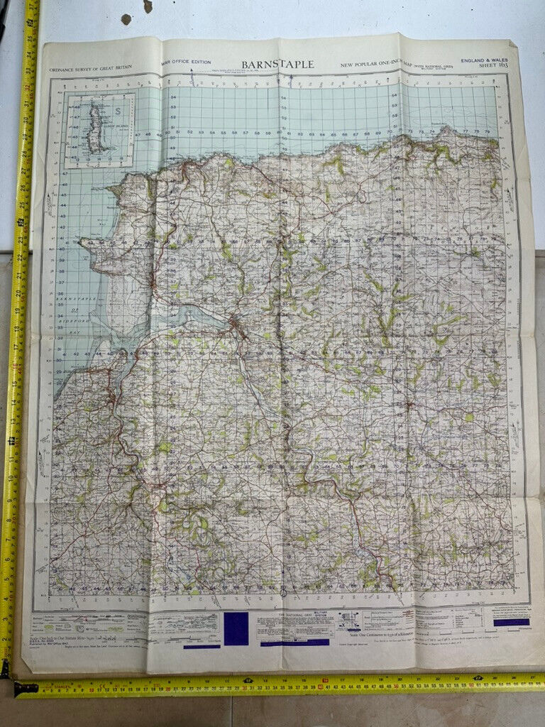 Original WW2 British Army OS Map of England - War Office -  Barnstaple