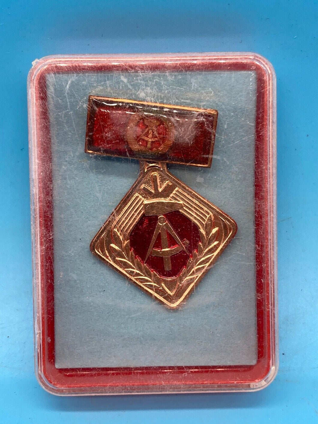 Genuine East German DDR Collective Socialist Work Labor Badge Red Box