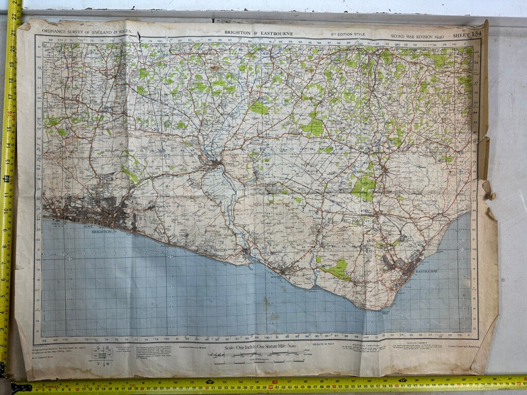 Original WW2 British Army OS Map of England - War Office - Brighton & Eastbourne