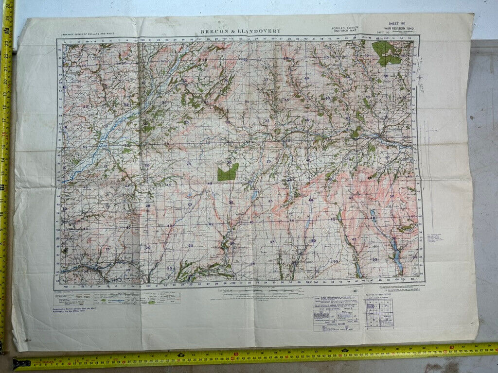 Original WW2 British Army OS Map of England - War Office - Brecon & Llandovery