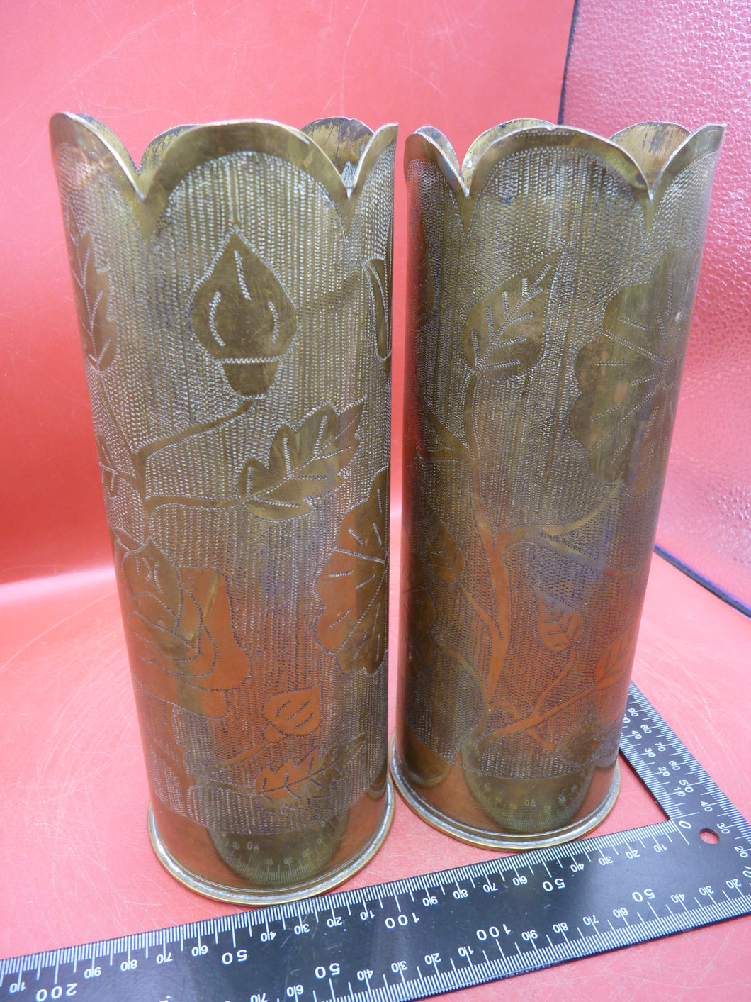 Original WW1 Trench Art Shell Case Vase Pair Engraved with Flowers
