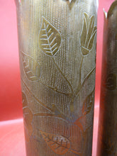 Load image into Gallery viewer, Original WW1 Trench Art Shell Case Vase Pair Engraved with Flowers
