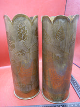 Load image into Gallery viewer, Original WW1 Trench Art Shell Case Vase Pair Engraved with Flowers

