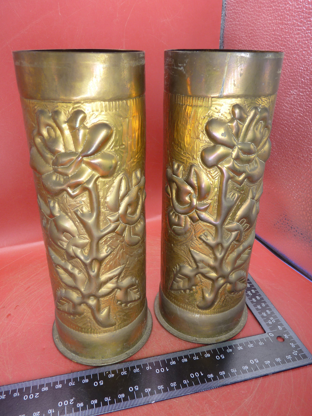 Original WW1 Trench Art Shell Case Vase Pair with Flowers